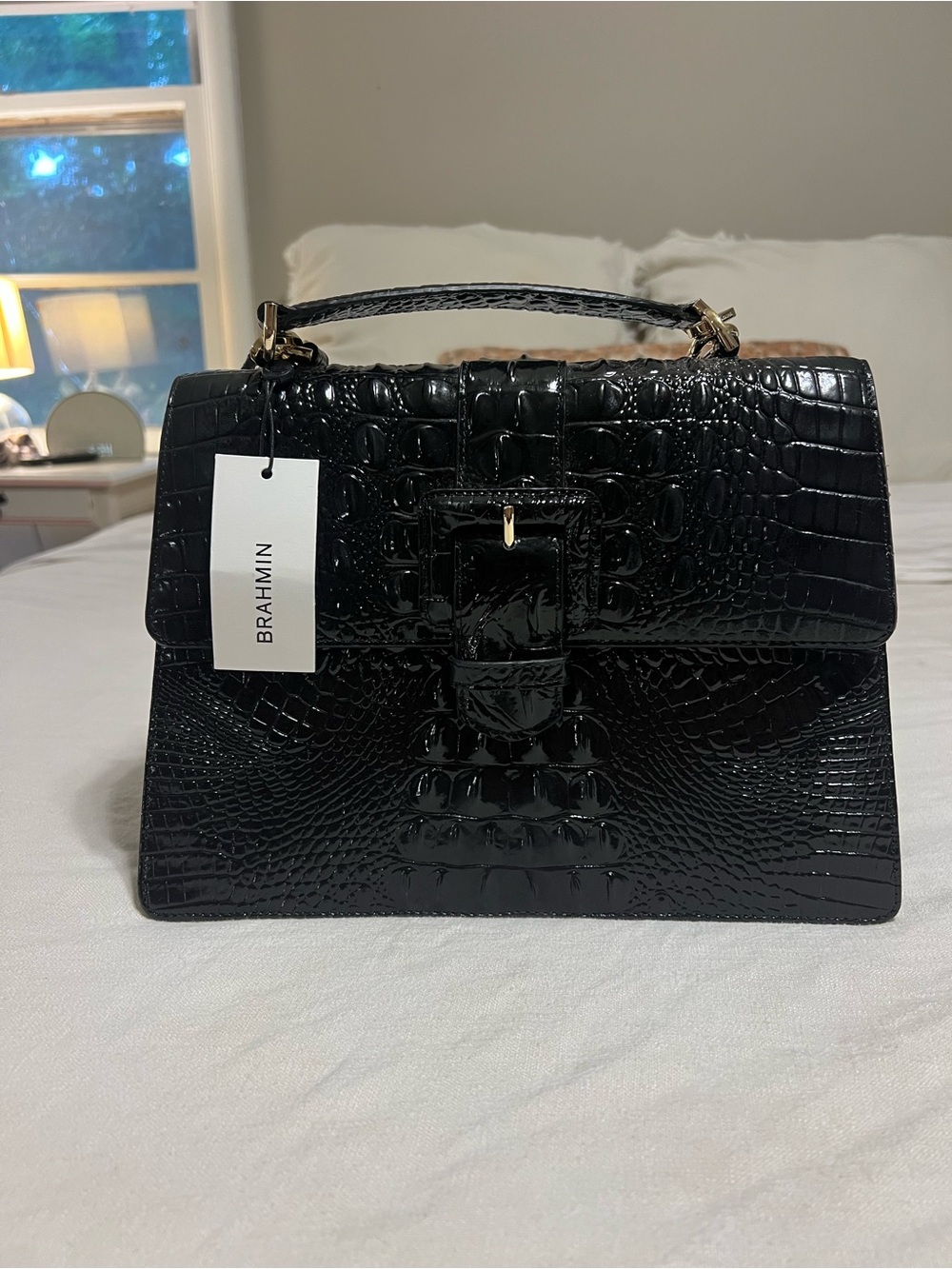 Brahmin Hallie Melbourne Black Croc-Embossed Leather Satchel - Picture 2 of 11